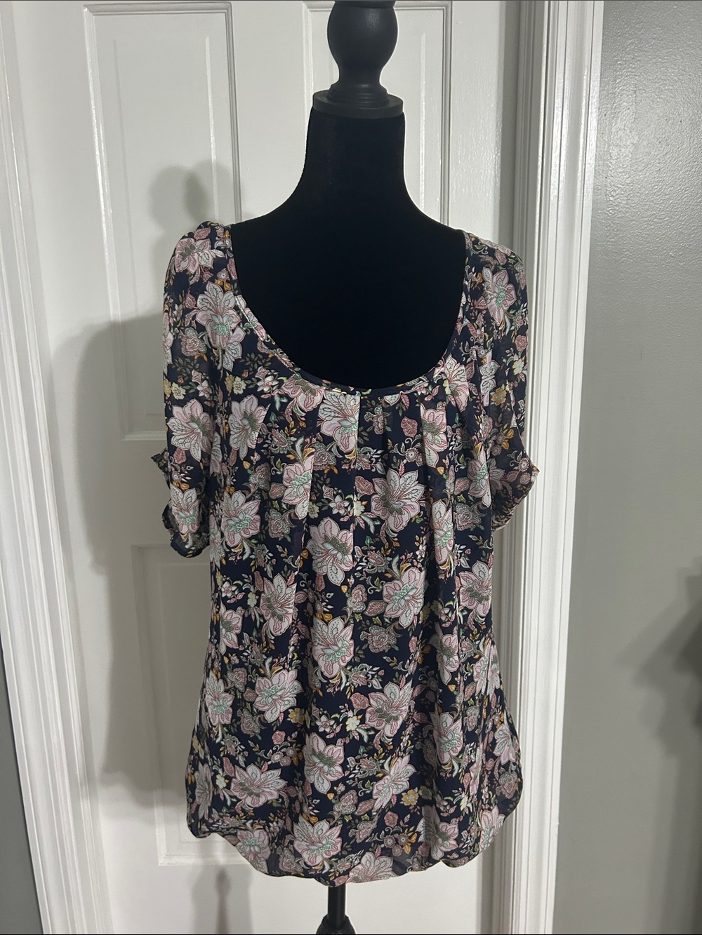 Sara Michelle Navy Floral Scoop Neck Blouse with Pink Accents